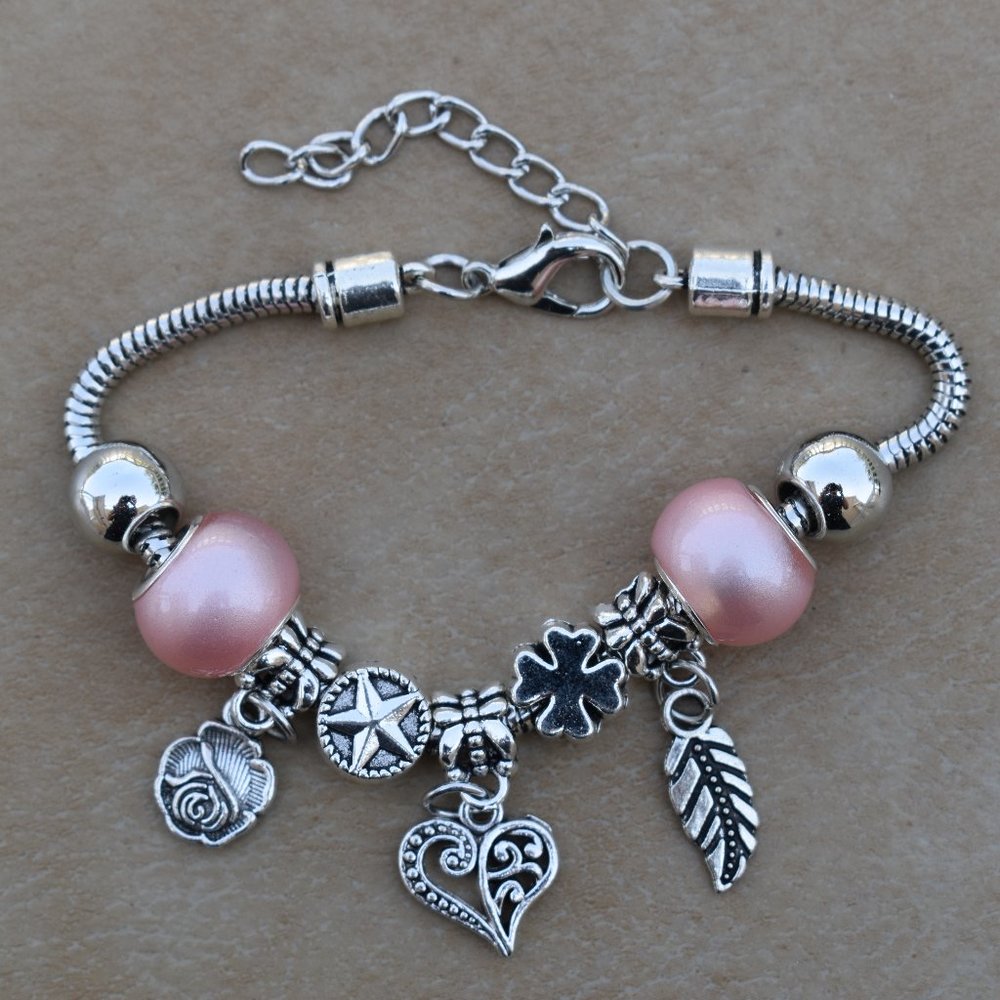Adjustable Bracelet with cute charm Heart Rose Leaf Charm Bead
